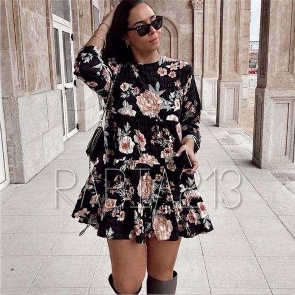 Zara Floral Print Boho Midi Dress Blogger Favorite Black Pink Size XL - Picture 1 of 15